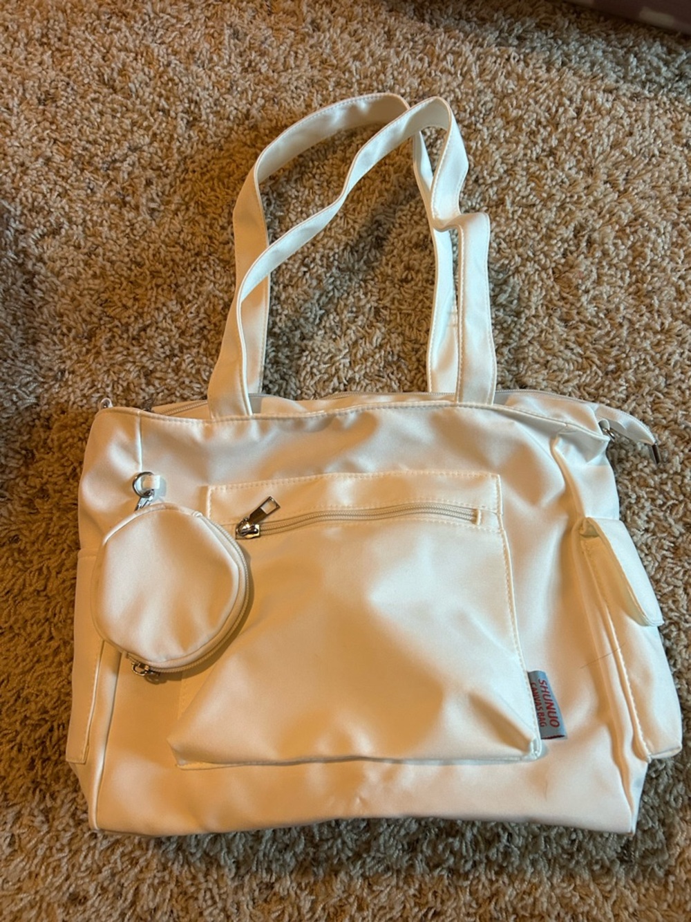 White Women's Tote Bag with Front Pocket and Coin Pouch
